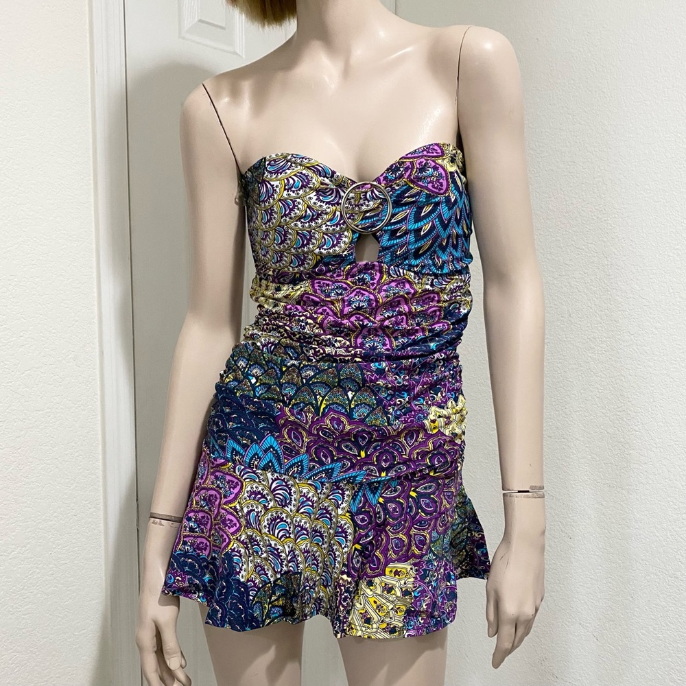 BIKINI BAY BB9005 1-pc Bandeau Swimsuit Peacock Multicolor Print Size 16 NWT